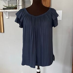 Loft ruffle sleeve drape women’s blouse size medium blue elastic neck satin